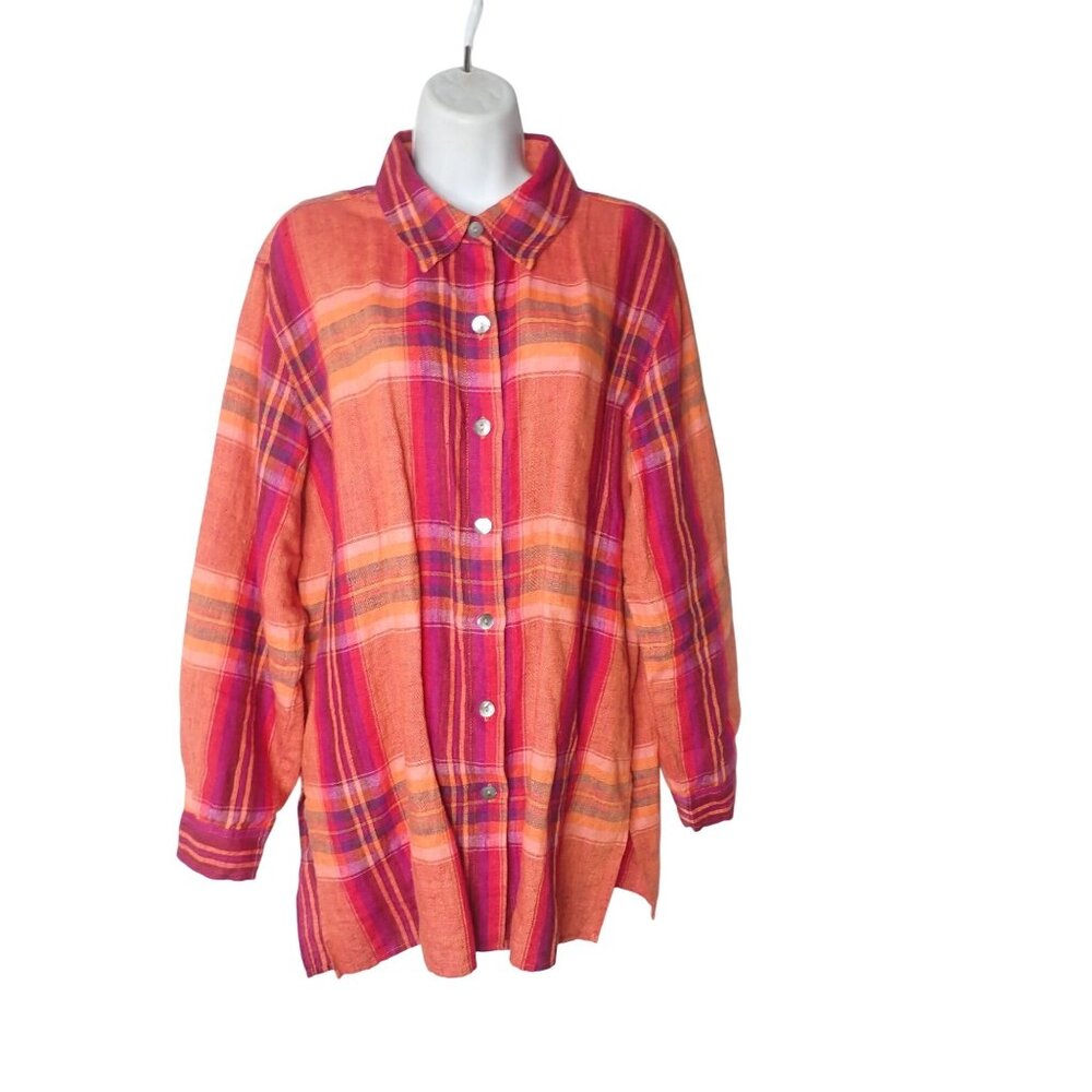 Chico's Linen Top Size 3 Pink Orange Plaid Long Sleeve‎ Tunic Button Front
